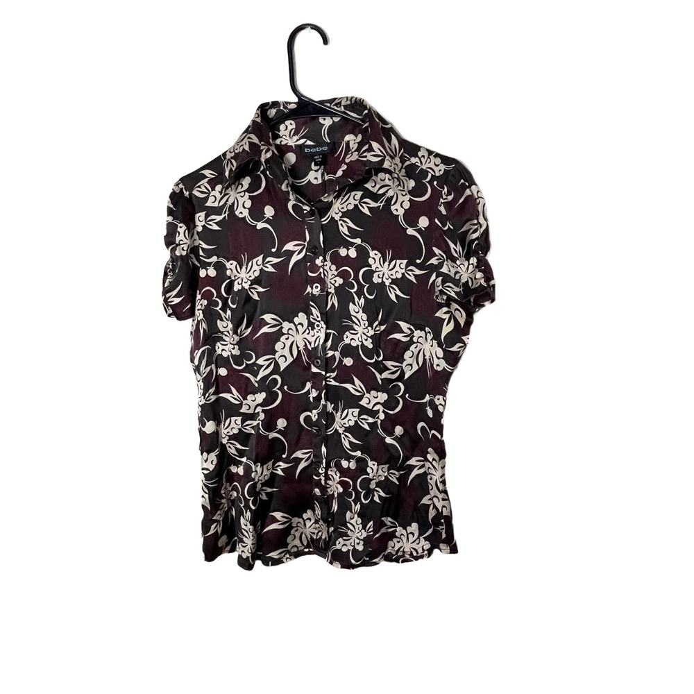 Bebe Y2K Brown And Beige Floral Print Short Sleeve Collared Button Up Shirt L